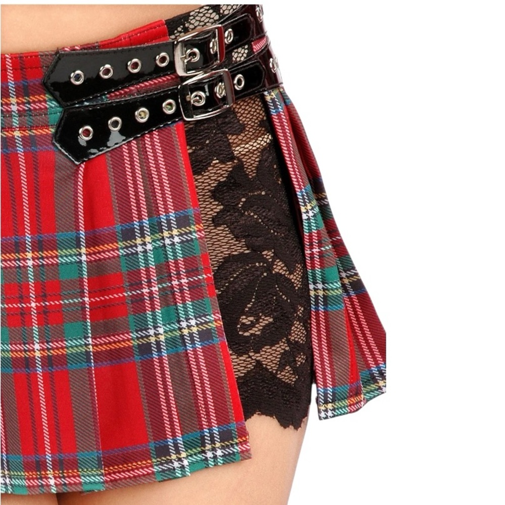 For Play Goth Plaid Black Lace Mini Skirt
